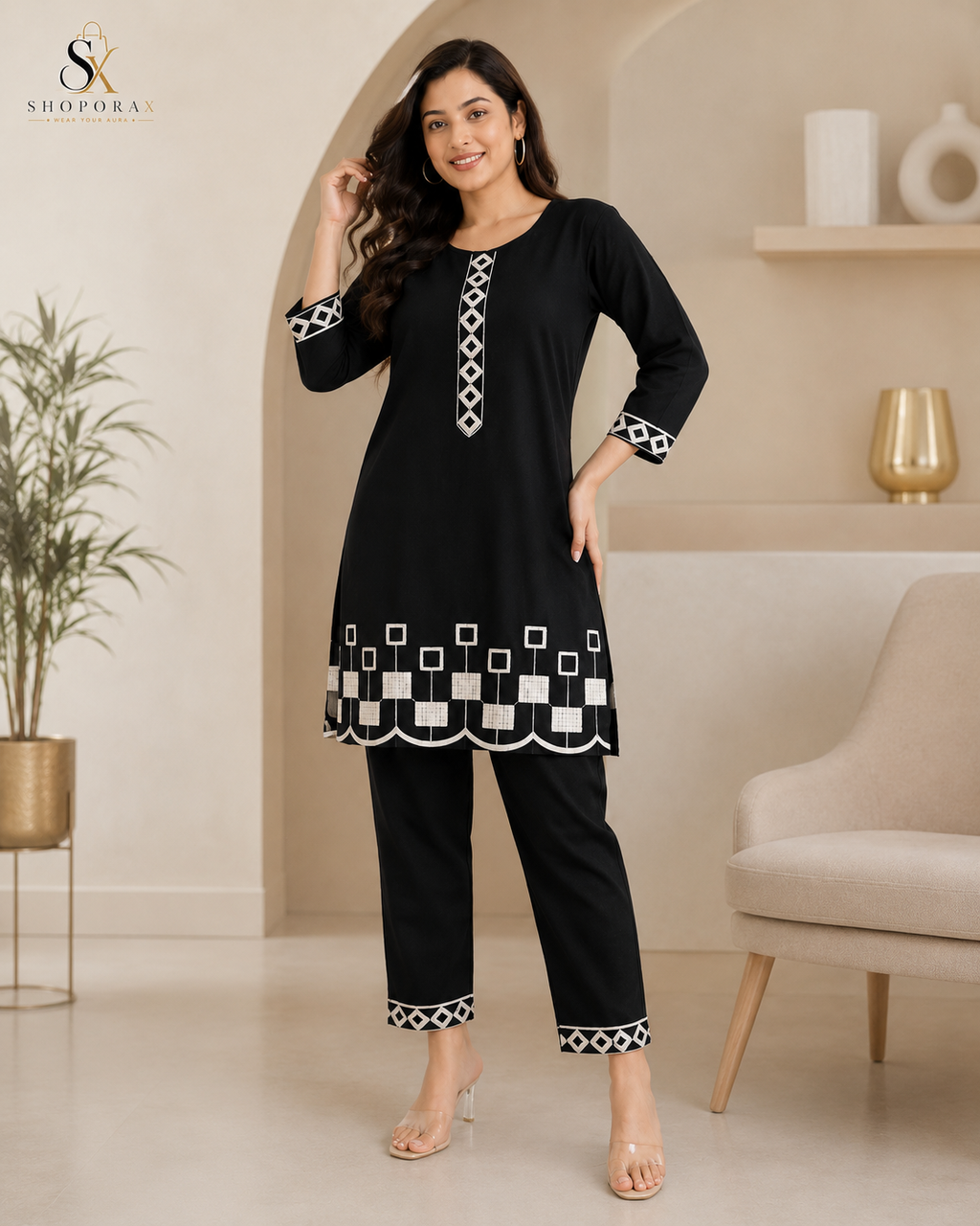 Women's Black Rayon Embroidered Co-Ord Set | Straight Kurti & Pant Set
