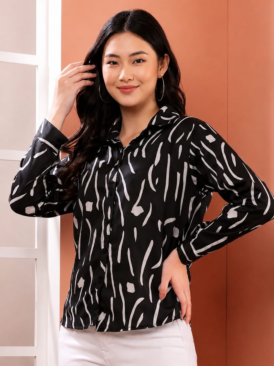 Women's Chevron Pattern Shirt | Trendy Two-Tone Color Block Casual Shirt for Women & Girls
