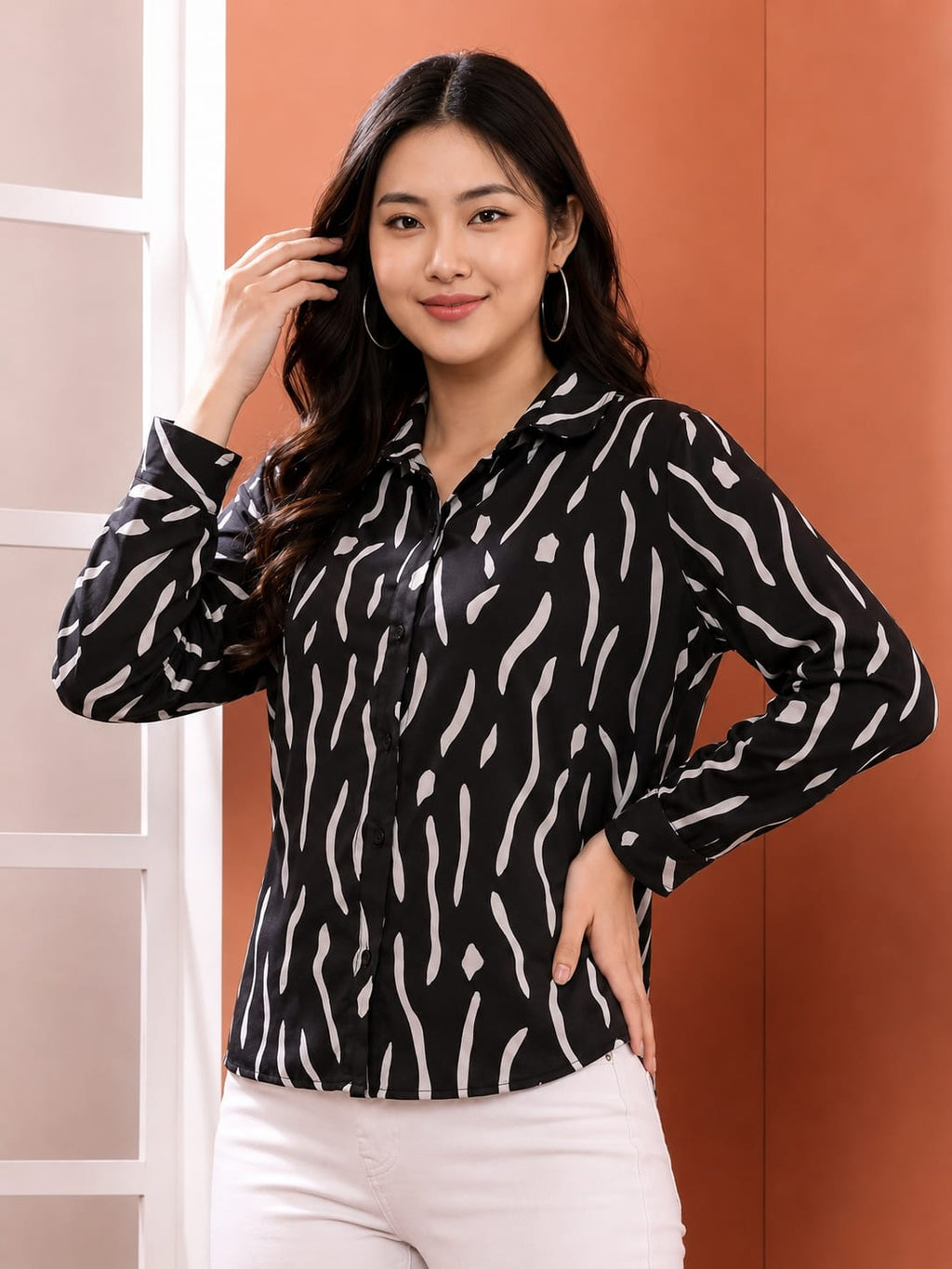 Women's Chevron Pattern Shirt | Trendy Two-Tone Color Block Casual Shirt for Women & Girls
