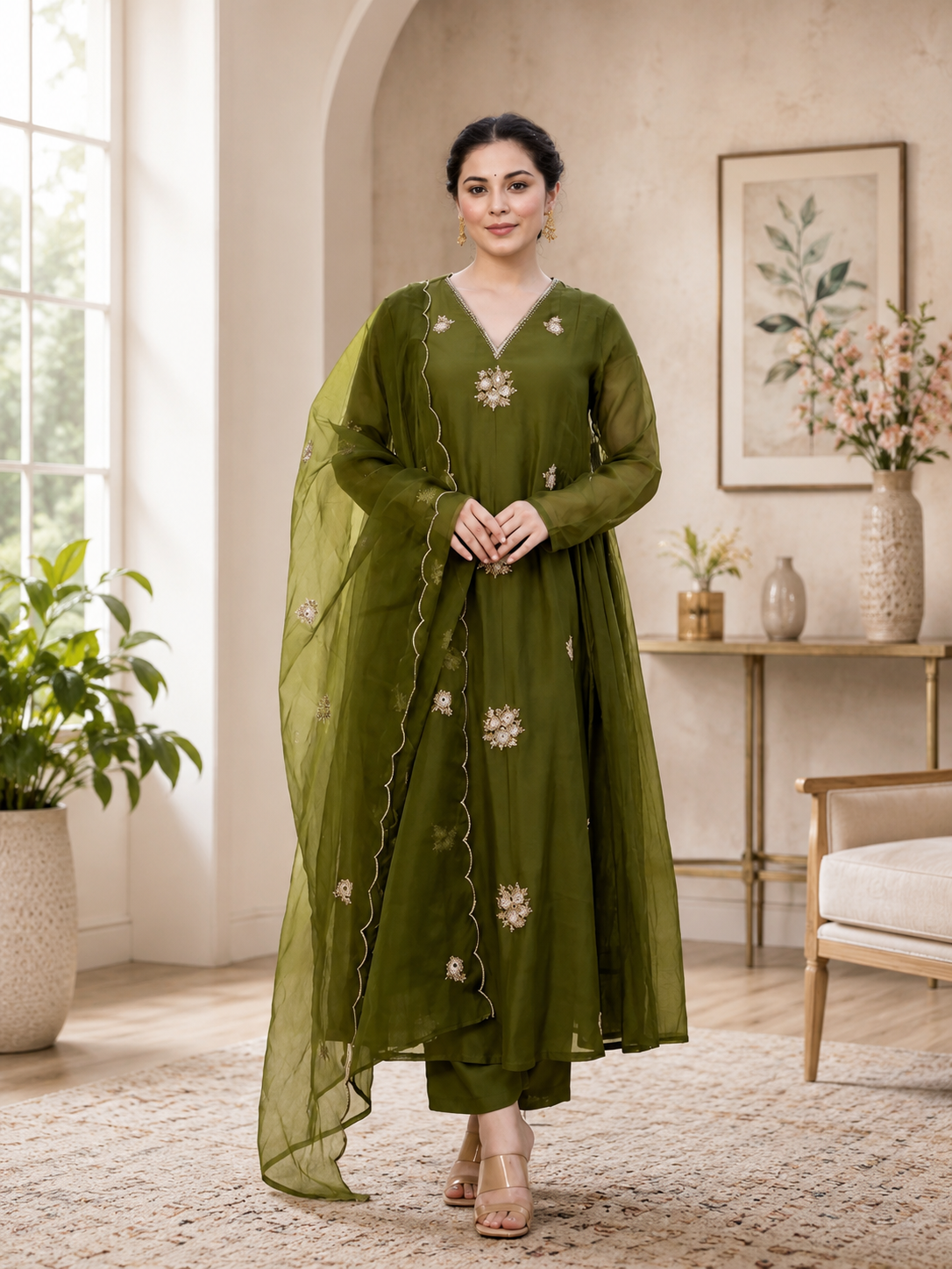 Shoporax Olive Green Embroidered Rayon Kurta Set with Palazzo & Dupatta
