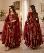 ANWERRY Red Printed Rayon Slub Kurta with Net Dupatta
