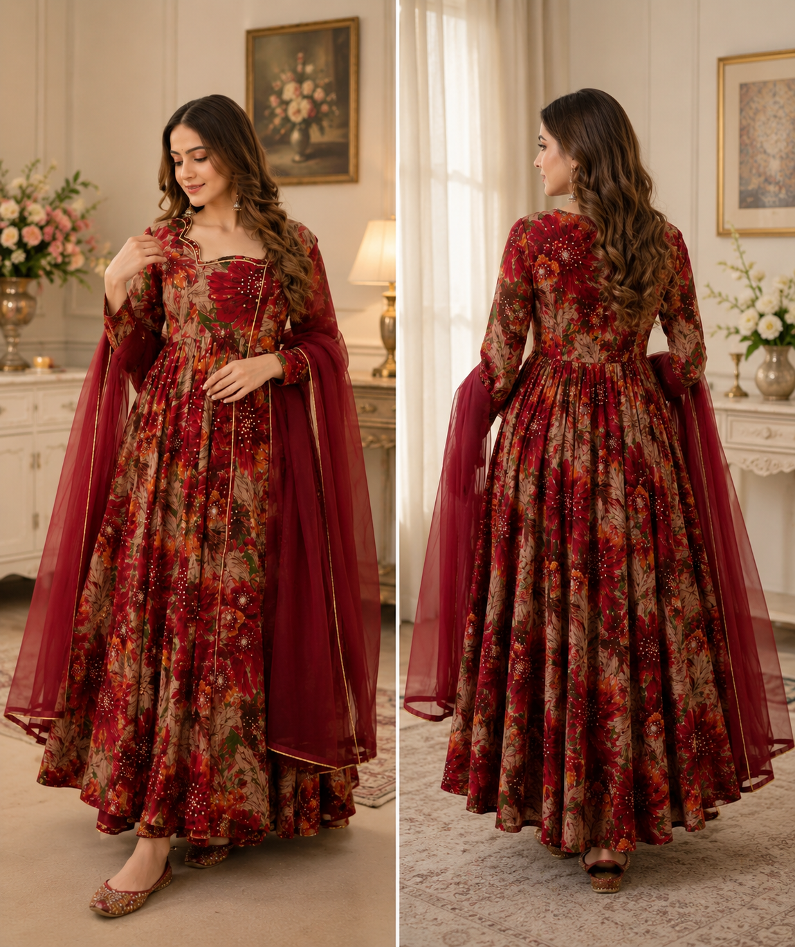 ANWERRY Red Printed Rayon Slub Kurta with Net Dupatta