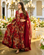 ANWERRY Red Printed Rayon Slub Kurta with Net Dupatta
