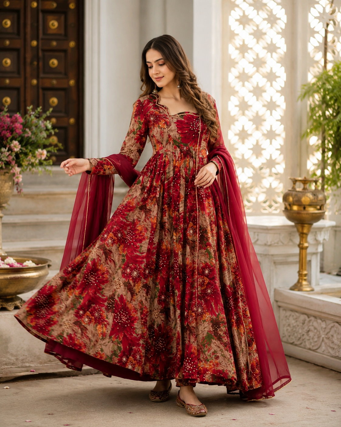 ANWERRY Red Printed Rayon Slub Kurta with Net Dupatta