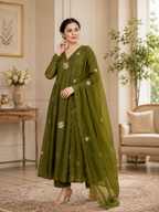 Shoporax Olive Green Embroidered Rayon Kurta Set with Palazzo & Dupatta