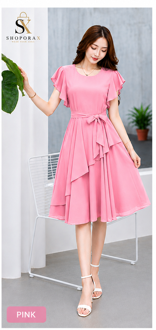✨Women’s Elegant Georgette Cape Sleeve Fit & Flare Dress