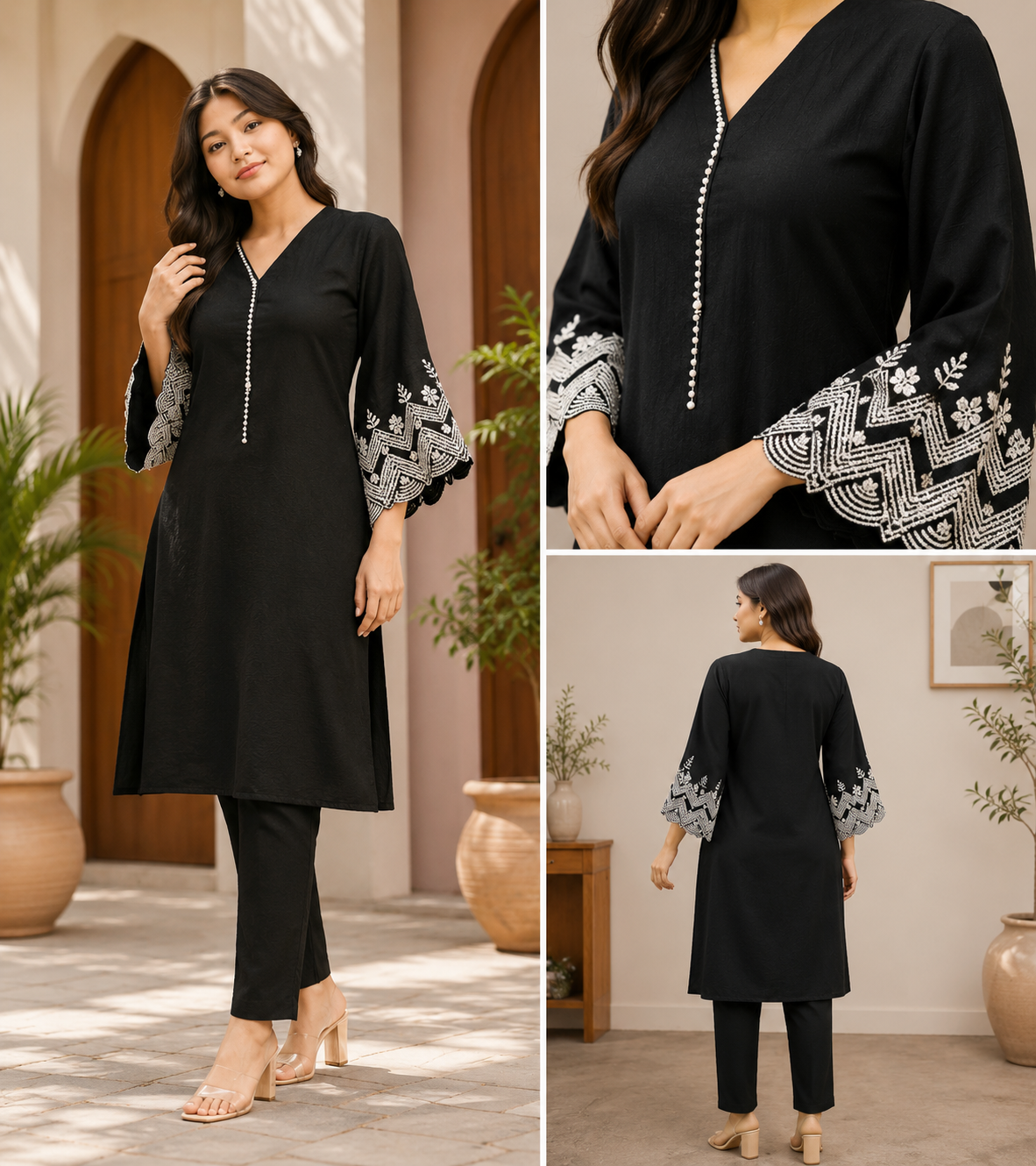 Black Embroidered Rayon Kurta Pant Set | Elegant Daily & Office Wear