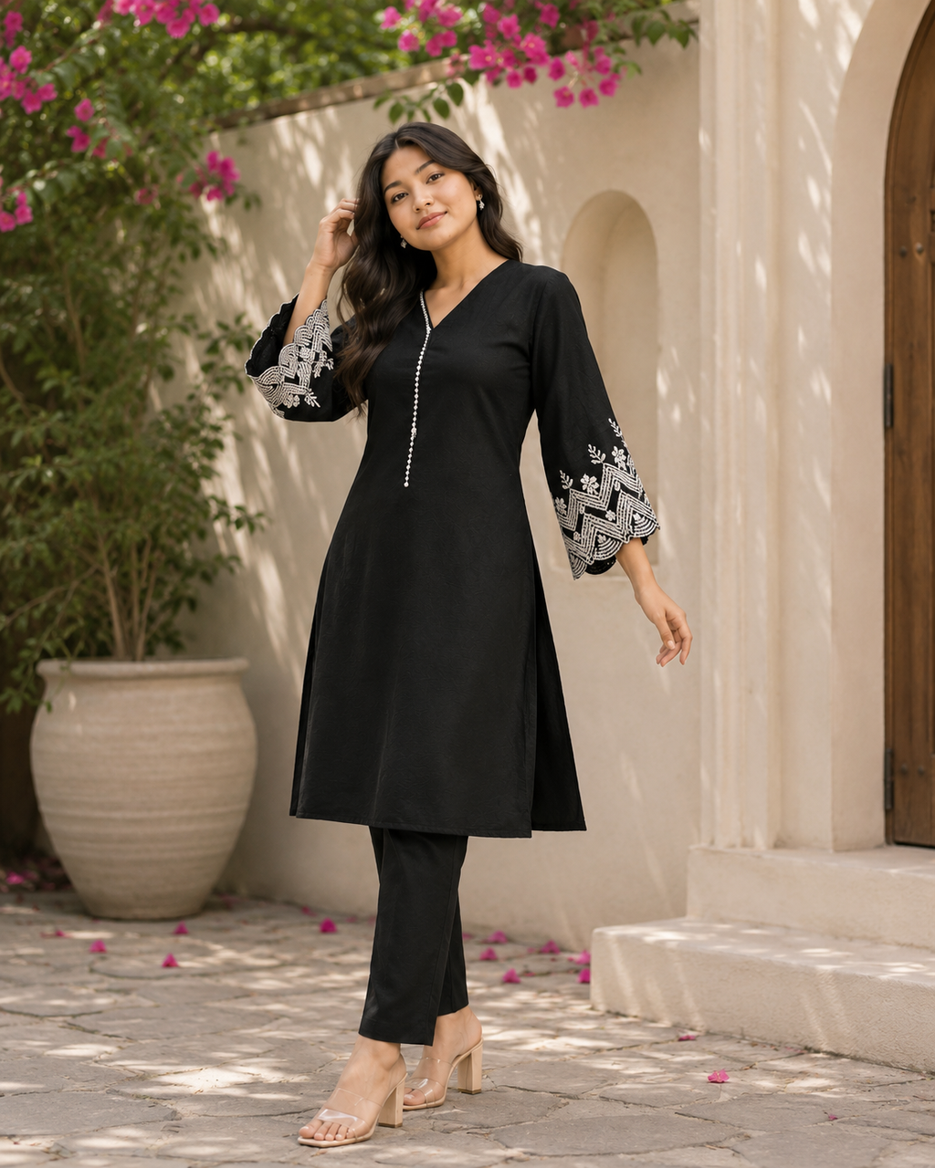 Black Embroidered Rayon Kurta Pant Set | Elegant Daily & Office Wear