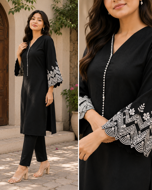 Black Embroidered Rayon Kurta Pant Set | Elegant Daily & Office Wear