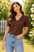 Trendy Brown Puff Sleeve Top | Korean Style Western Wear
