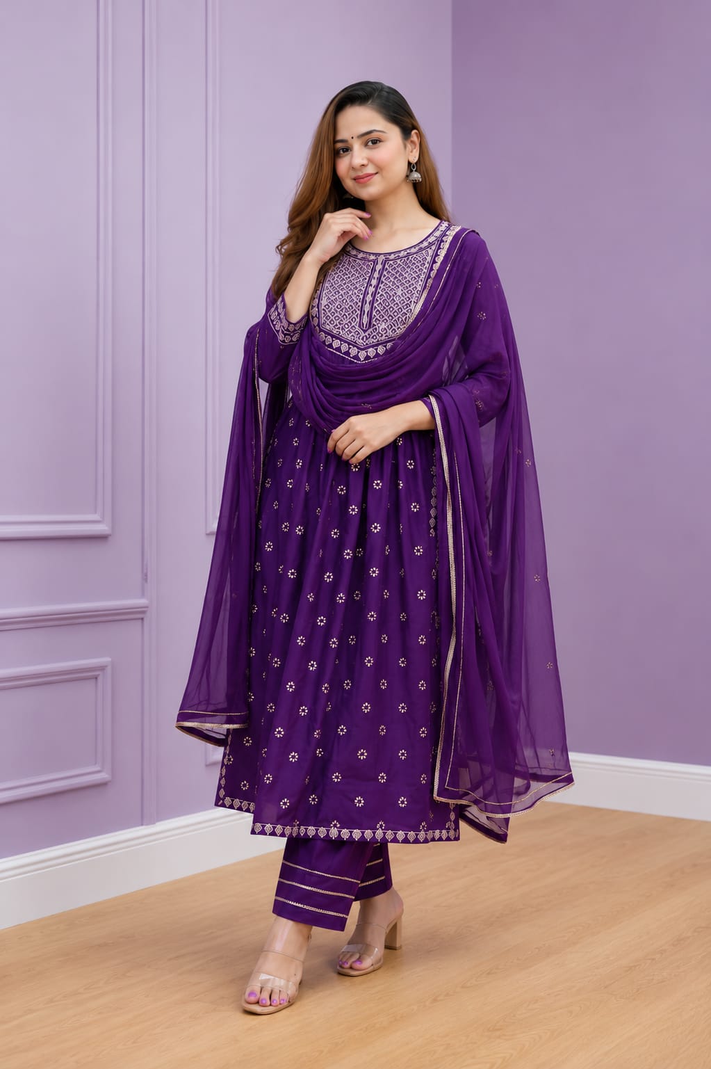 Embroidered Anarkali Kurta Set with Bottom & Dupatta | Elegant Ethnic Wear for Festive & Party Occasions