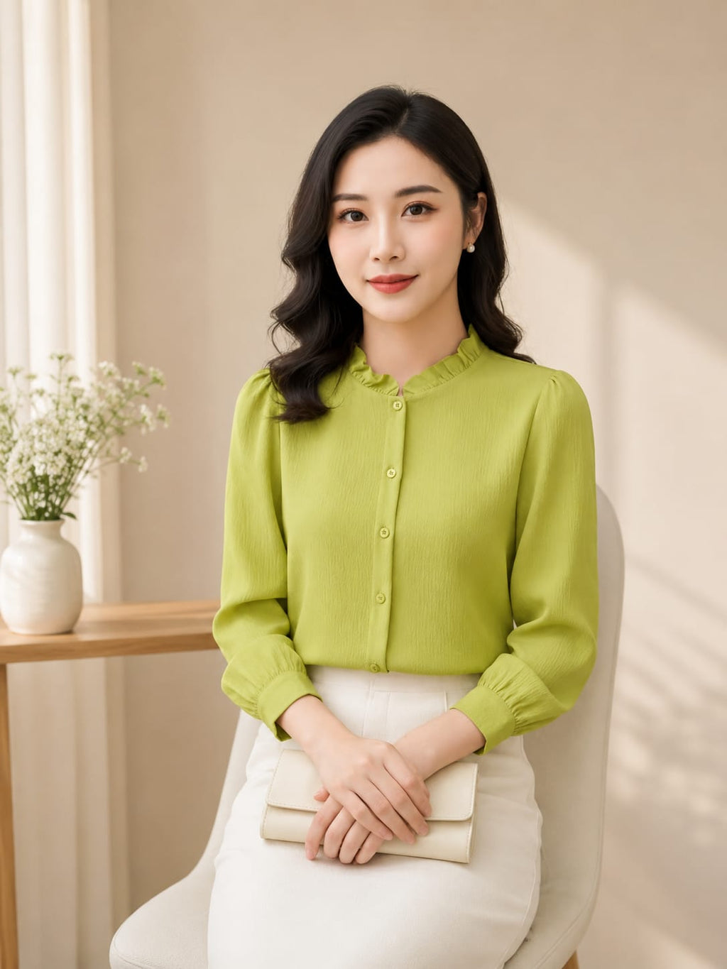 Stylish Solid Ruffle Neck Crepe Top Women Elegant Full Sleeve Office Wear Top