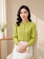 Stylish Solid Ruffle Neck Crepe Top Women Elegant Full Sleeve Office Wear Top