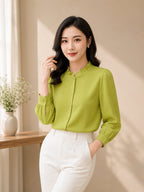 Stylish Solid Ruffle Neck Crepe Top Women Elegant Full Sleeve Office Wear Top