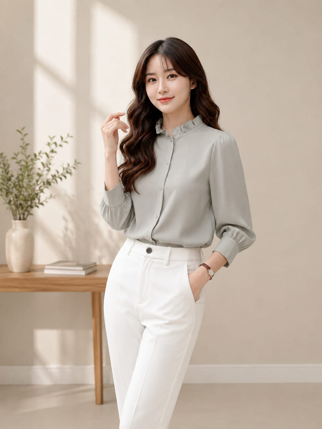 Stylish Solid Ruffle Neck Crepe Top Women Elegant Full Sleeve Office Wear Top