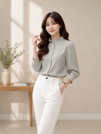 Stylish Solid Ruffle Neck Crepe Top Women Elegant Full Sleeve Office Wear Top