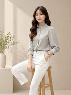 Stylish Solid Ruffle Neck Crepe Top Women Elegant Full Sleeve Office Wear Top