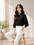Stylish Solid Ruffle Neck Crepe Top Women Elegant Full Sleeve Office Wear Top