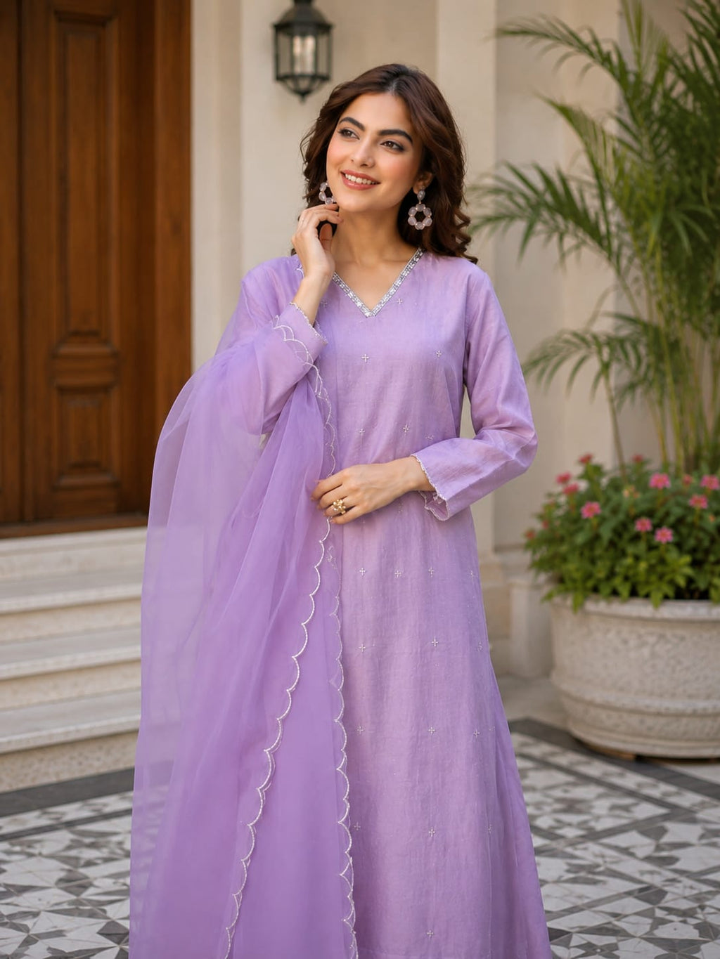 Purple Embroidered Kurta Pant Set with Dupatta