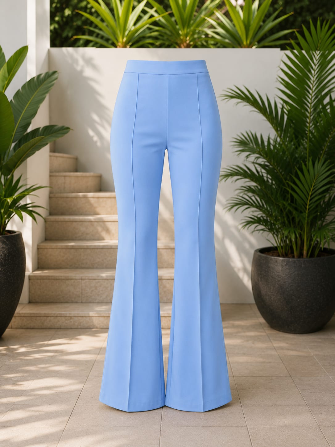 Blue High-Waist Bootcut Trousers | Elegant Stretch Fit Casual & Office Wear Pants