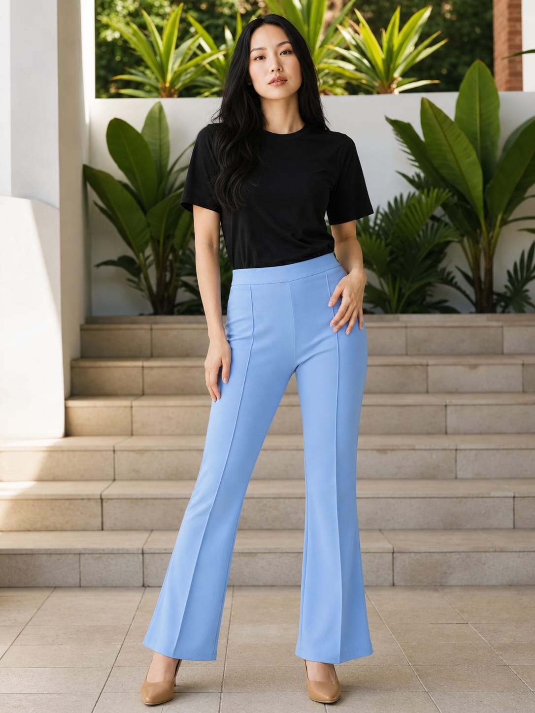Blue High-Waist Bootcut Trousers | Elegant Stretch Fit Casual & Office Wear Pants