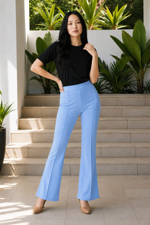 Blue High-Waist Bootcut Trousers | Elegant Stretch Fit Casual & Office Wear Pants