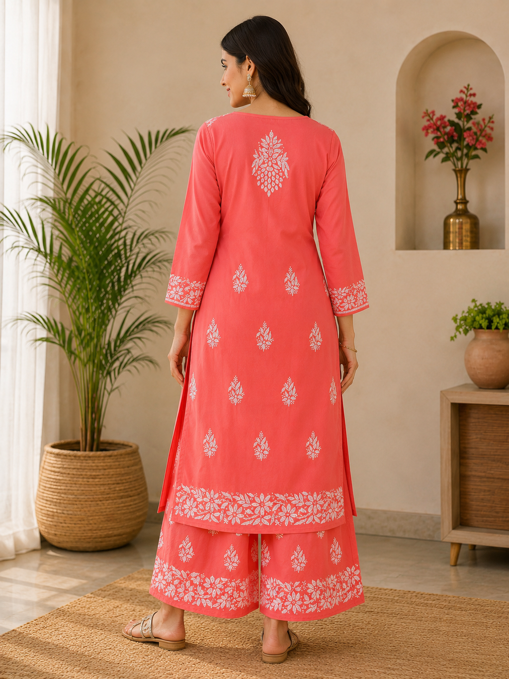 Lucknowi Chikankari Embroidered Kurti With Palazzo Set | Elegant Cotton Ethnic Wear