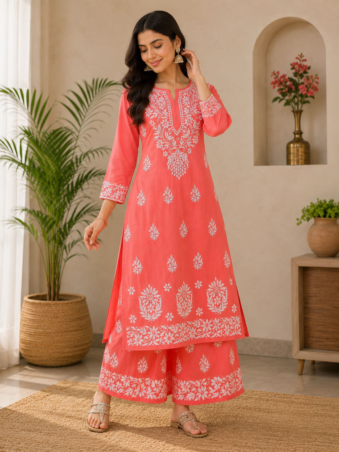 Lucknowi Chikankari Embroidered Kurti With Palazzo Set | Elegant Cotton Ethnic Wear
