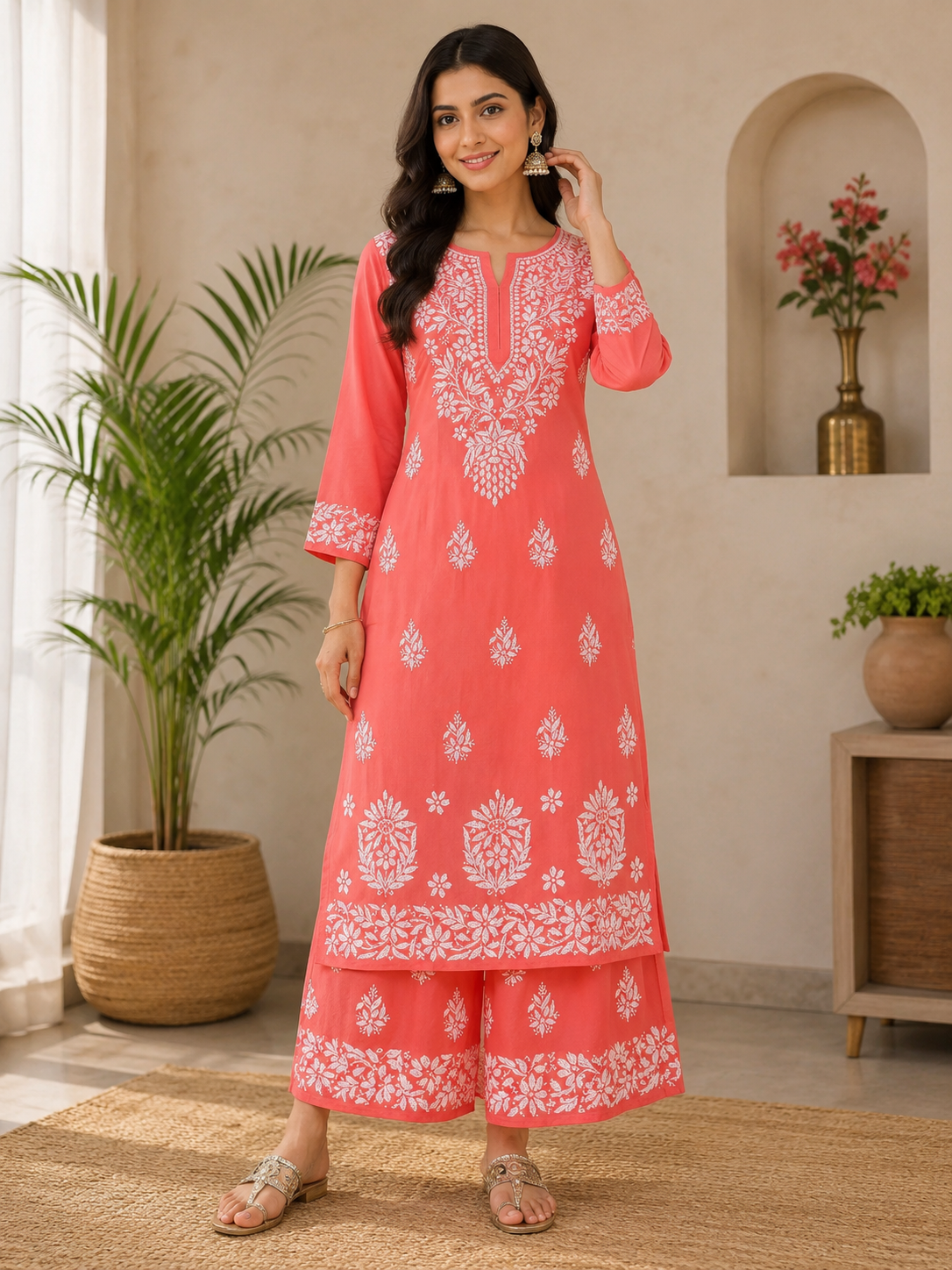 Lucknowi Chikankari Embroidered Kurti With Palazzo Set | Elegant Cotton Ethnic Wear