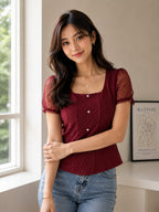 Designer Maroon Square-Neck Korean Style Top | Premium Mesh Puff Sleeves