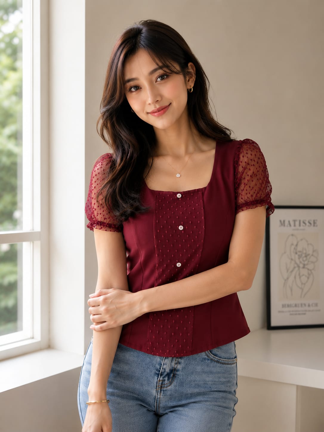 Designer Maroon Square-Neck Korean Style Top | Premium Mesh Puff Sleeves