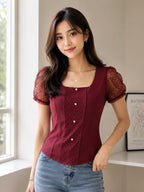Designer Maroon Square-Neck Korean Style Top | Premium Mesh Puff Sleeves