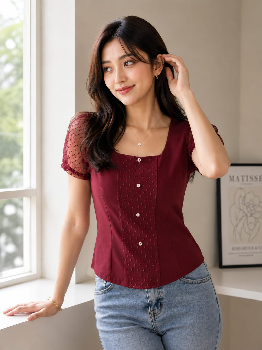 Designer Maroon Square-Neck Korean Style Top | Premium Mesh Puff Sleeves