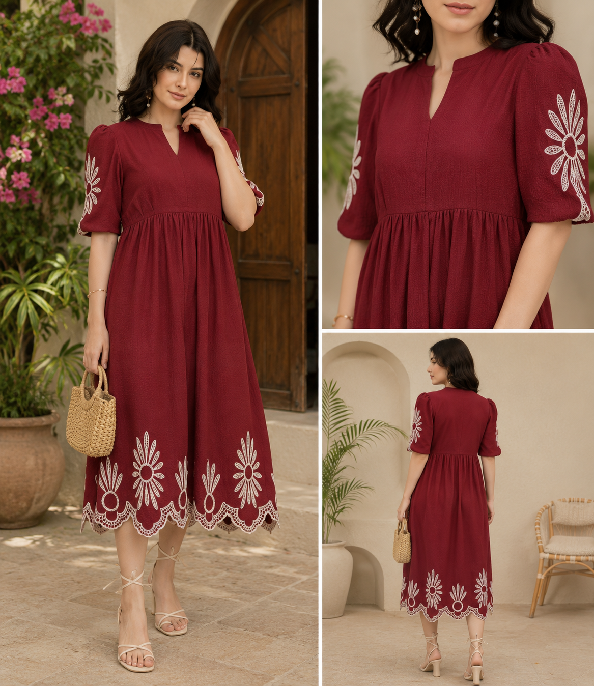 Maroon Cotton Embroidered A-Line Dress | Elegant Casual & Festive Wear