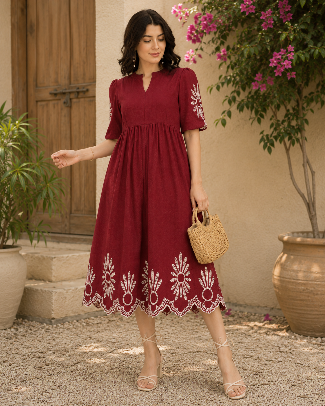 Maroon Cotton Embroidered A-Line Dress | Elegant Casual & Festive Wear