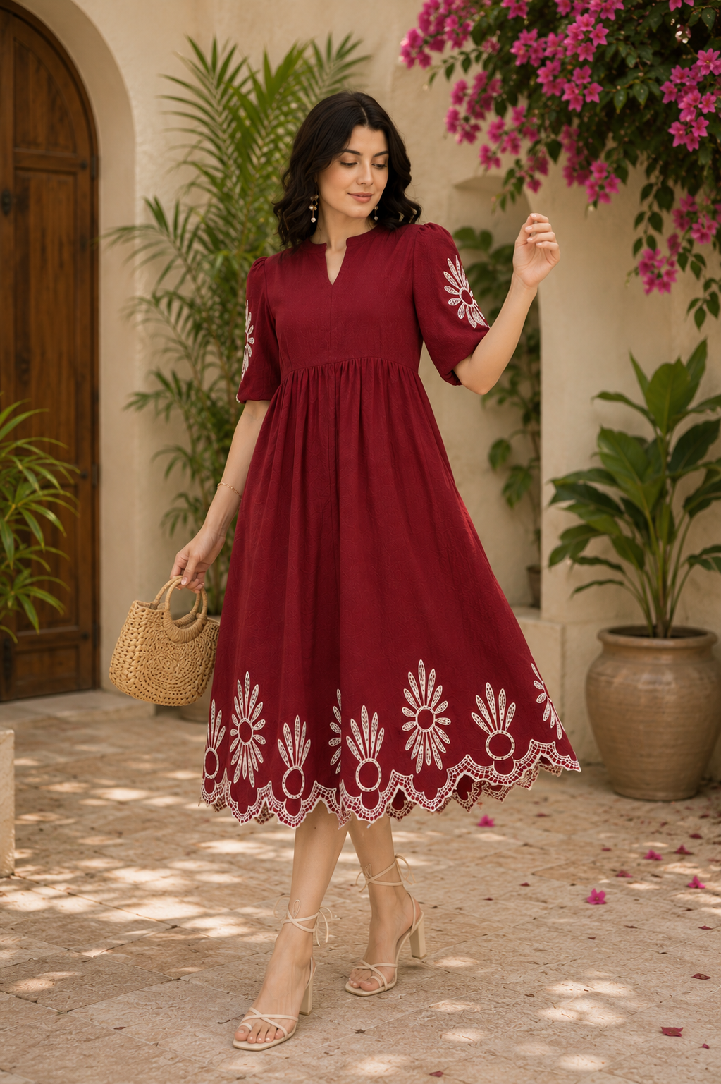 Maroon Cotton Embroidered A-Line Dress | Elegant Casual & Festive Wear