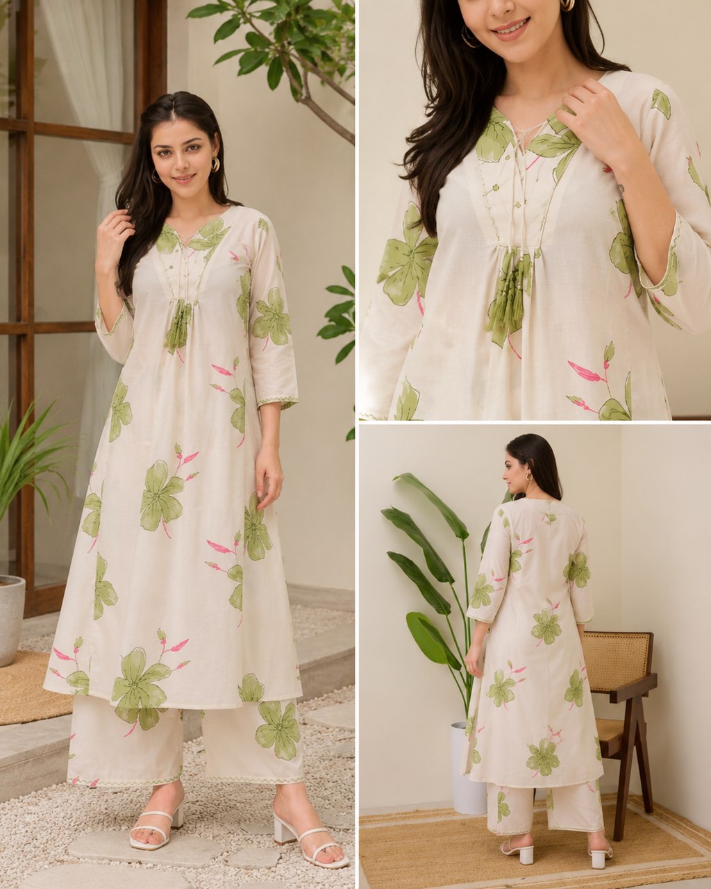 Women's White Floral Mirror Work Kurta Palazzo Set | Elegant 2-Piece Ethnic Wear
