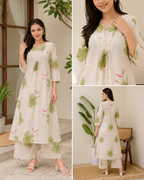 Women's White Floral Mirror Work Kurta Palazzo Set | Elegant 2-Piece Ethnic Wear