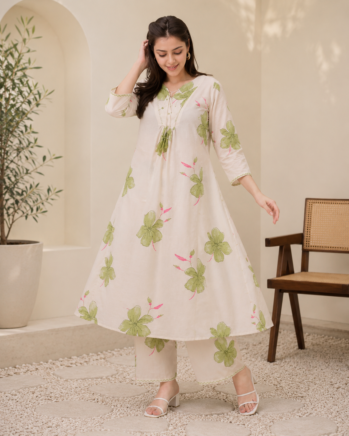 Women's White Floral Mirror Work Kurta Palazzo Set | Elegant 2-Piece Ethnic Wear