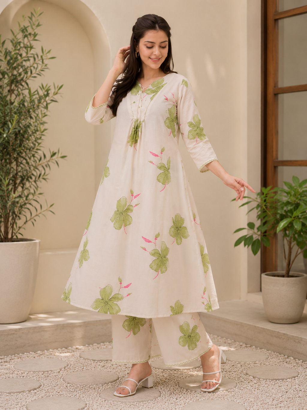 Women's White Floral Mirror Work Kurta Palazzo Set | Elegant 2-Piece Ethnic Wear