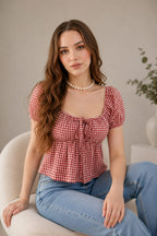Red Checked Puff Sleeve Top | Trendy College Wear Cotton Top