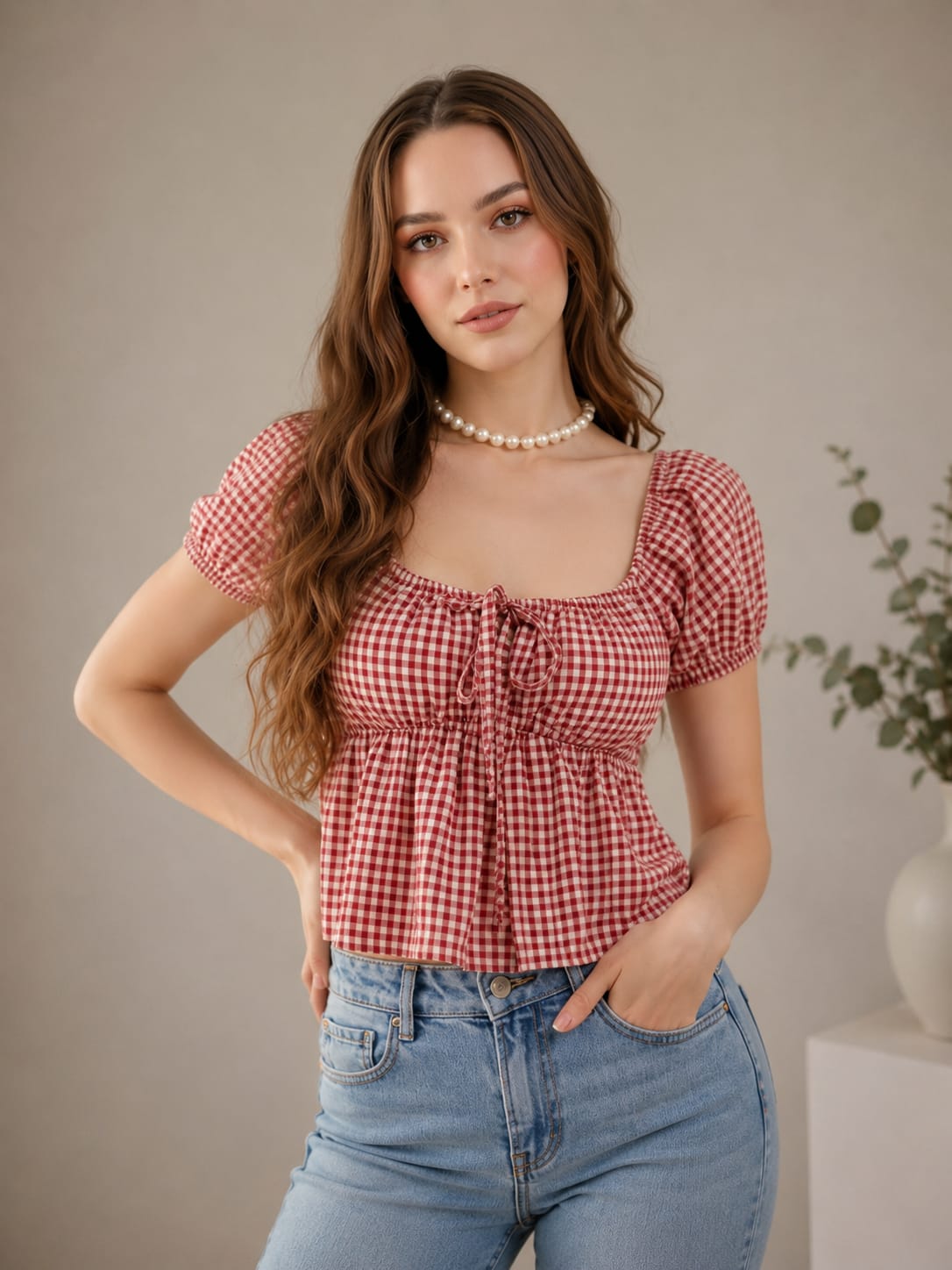 Red Checked Puff Sleeve Top | Trendy College Wear Cotton Top