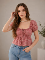 Red Checked Puff Sleeve Top | Trendy College Wear Cotton Top