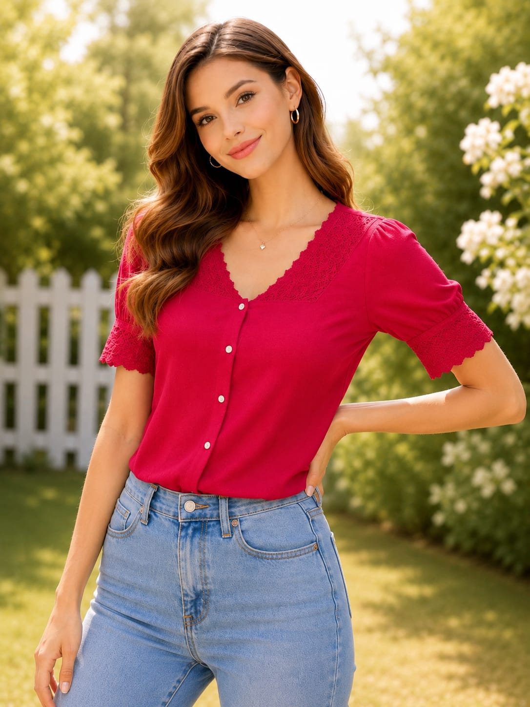 Hot Pink Textured Woven Top | Lace Neckline Puff Sleeve Top | Elegant Korean-Inspired Fashion