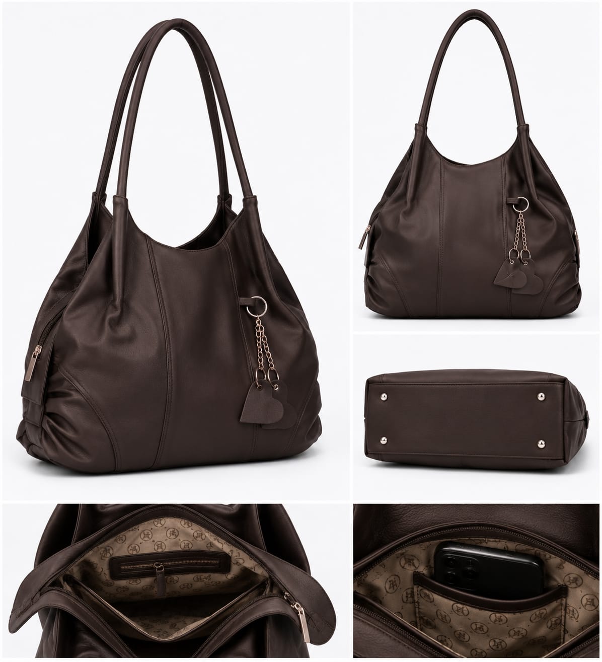 Premium Faux Leather Handbag | Stylish Multi-Compartment Tote Bag with Heart Keychain