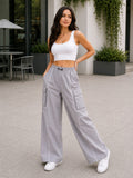 Premium Grey Wide Leg Cargo Pants | High-Waist Korean Style Streetwear Trousers