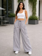 Premium Grey Wide Leg Cargo Pants | High-Waist Korean Style Streetwear Trousers