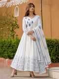 White & Blue Floral Printed Cotton Anarkali Kurta Set with Dupatta