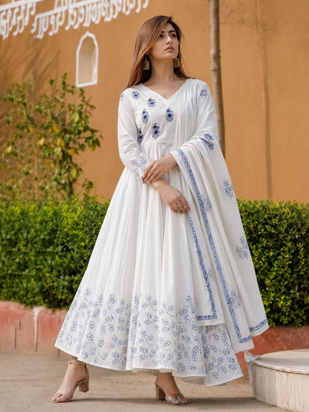 White & Blue Floral Printed Cotton Anarkali Kurta Set with Dupatta
