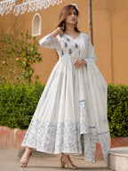 White & Blue Floral Printed Cotton Anarkali Kurta Set with Dupatta